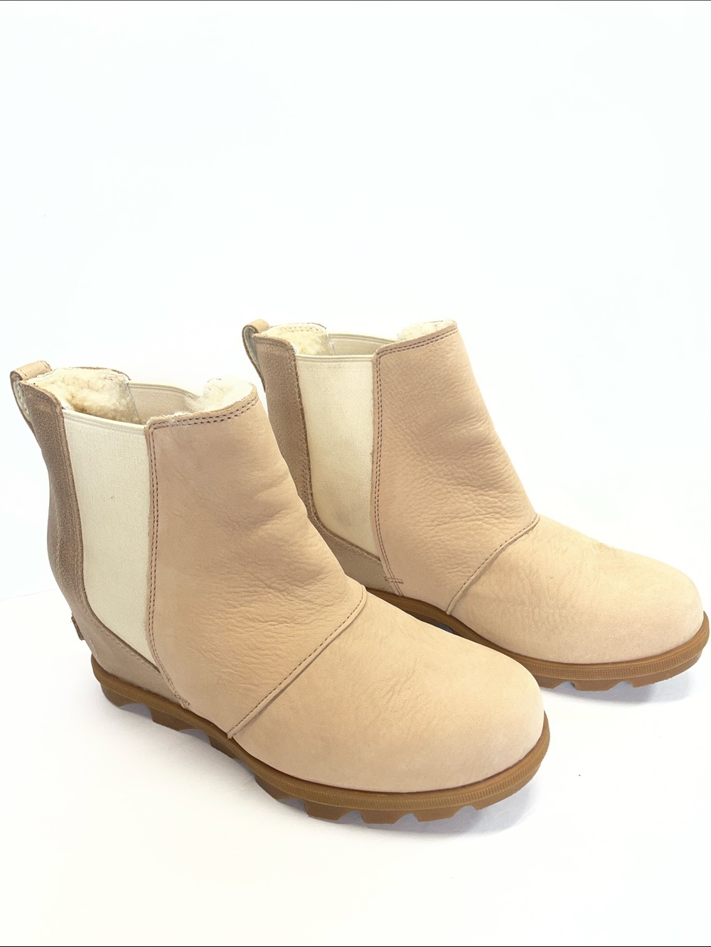 Sorel Joan of Arctic Beige Chelsea Ankle Boots with Shearling Trim